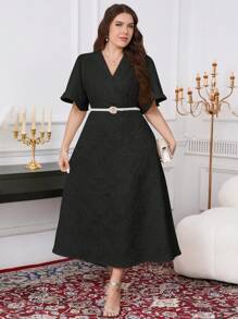 SHEIN Clasi Damen Große Größen Jacquard Kragen Kurzarm Elegantes Kleid - Schwarz - Übersicht 4