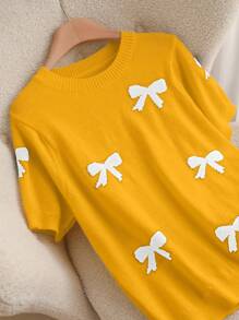 CosyJoli Plus Size Elegant Bowknot Jacquard Round Neck Pullover Sweater - Yellow - View 3