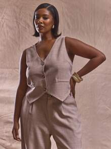 MUSERA Plus Size V Neck Linen Marble Button Sleeveless Cute Elegant Casual Graceful, Formal Waistcoat Only For Business, Graduation, Brunch , Holiday Autumn Winter Fall