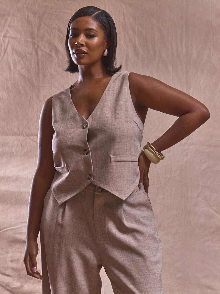 MUSERA Plus Size V Neck Linen Marble Button Sleeveless Cute Elegant Casual Graceful, Formal Waistcoat Only For Business, Graduation, Brunch , Holiday Autumn Winter Fall