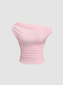 Sweetra Versatile Comfy Solid Color Asymmetrical Neck Short Sleeve Cropped T-Shirt Top, Slim Fit - Multicolor - View 7