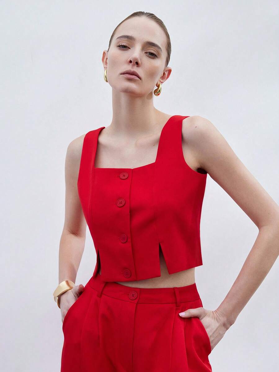 Aveloria Modichic Women Business Square Neck Sleeveless Red Crop Top And Wide Leg Pants Suit Set, Commuting Style - Red - View 1