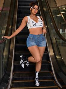 SHEIN ICON Plus Size Women Utility Pocket Casual Versatile Denim Shorts - Light Wash - View 5