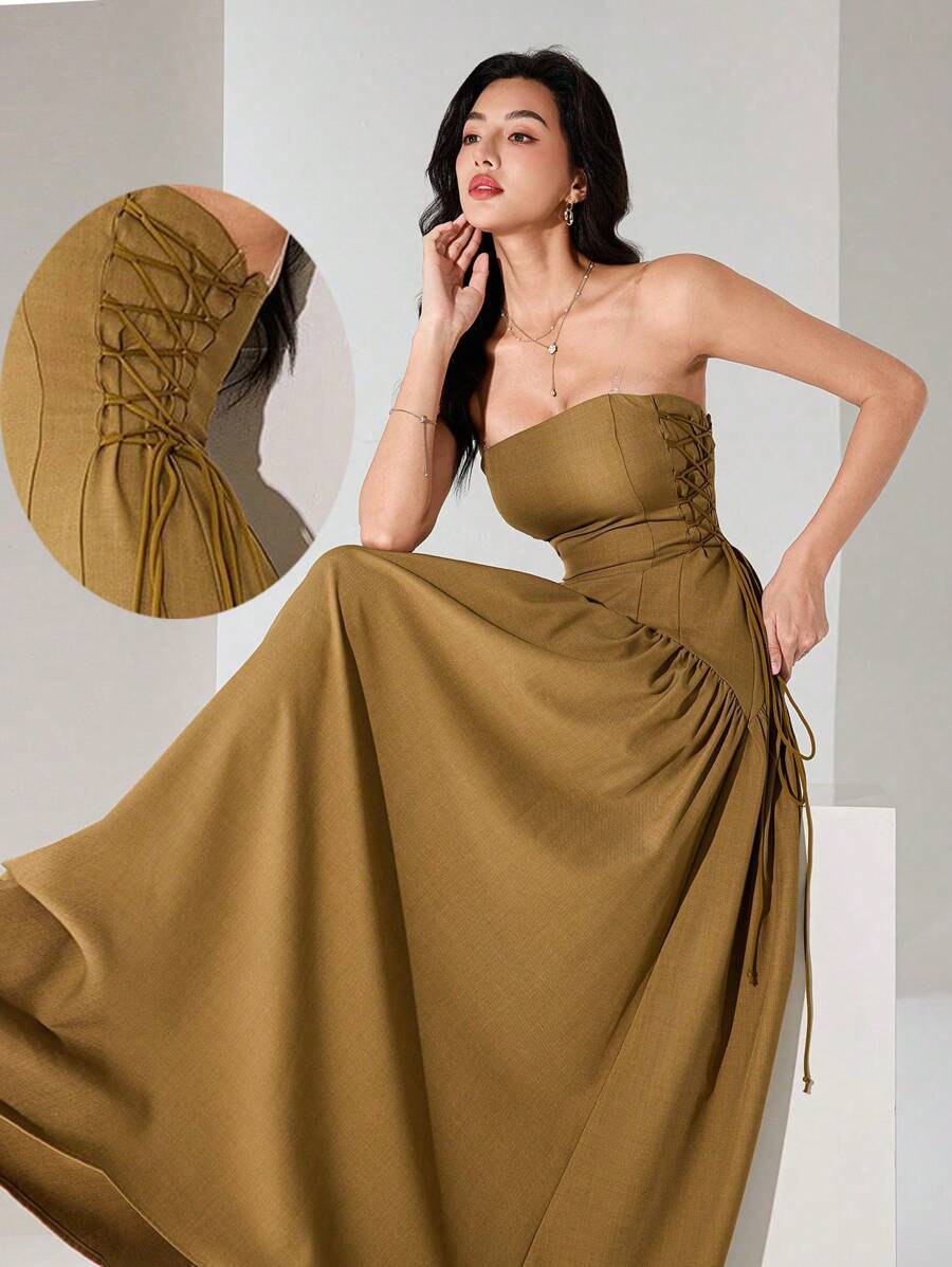 Modelyn Robe d'été élégante sans bretelles avec nœud à la taille, couleur kaki jaune. Robe de cocktail pour mariage, tenue d'été modeste pour femmes, dos nu et sexy - Kaki - Voir 1