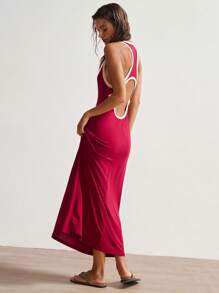 Bohemela 女式休闲度假风格拼色露背修身长款针织连衣裙 - 酒紅色 - 查看 7