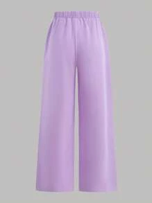 SHEIN Leap Crew TEENGIRL 2pcs Set: Lavender Cable Knit Puff Sleeve Top And Matching Purple Pants, Elegant Two-Piece Outfit - Mauve Purple - View 7