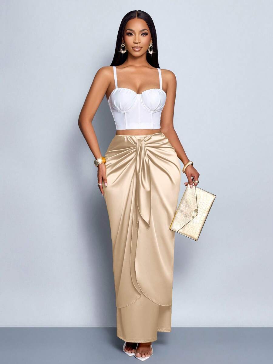 SOLERSUN Women's Elegant Simple Romantic Tie Front Satin Maxi Skirt,Versatile For Date, Commuting, Office