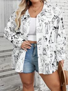 SHEIN CURVE+ Áo sơ mi cổ bẻ in họa tiết động vật dài tay cỡ lớn cho nữ - Đen và trắng - Xem 4