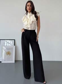 Firerie 女士优雅简约精致浪漫通勤日常情人节约会度假分层褶边纽扣纹理面料无袖宽松透明杏色衬衫 - 杏色 - 查看 8