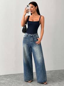 SHEIN PETITE Women's Ribbed Ribbed High Elastic Tight Suspender Bodysuit - Navy Blue - View 7