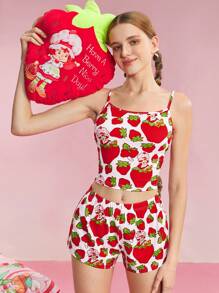 Strawberry Shortcake X SHEIN 女士草莓印花吊带上衣和短裤睡衣套装 - 紅色 - 查看 4