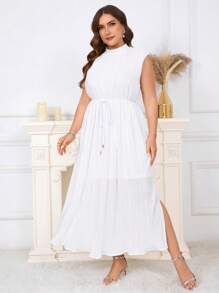 SHEIN Clasi Zakrzywiona Plus-Size damska biała elegancka bez rękawów plisowana długa sukienka, białe sukienki elegancka elegancja, stroje wyjściowe, plisowana sukienka, sukienka bez ramiączek elegancka sukienka na wesele, wiosenne stroje dla kobiet, letnie sukienki, sukienka na wakacje, sukienki w dużych rozmiarach