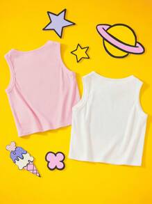 Nick 90s | SHEIN Young Girl 2pcs Cute Heart Pattern Knit Ribbed Sleeveless Summer Tank Tops, Multiple Pieces - Pink - View 2