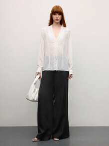 BizChic 女士春夏优雅雪纺花卉蕾丝拼布系带 V 领长袖衬衫，适合日常、工作、约会、通勤、度假