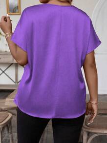 SHEIN LUNE Plus Size Women's Plain Round Neck Short Sleeve Casual Loose Blouse - Purple - View 2