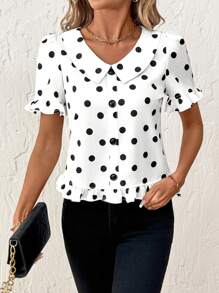 SHEIN Clasi Blusa elegante de mujer con cuello en V, estampado de lunares y dobladillo con volantes, para verano, vacaciones, negocios, casual, estilo boho, western, festival y conciertos - Blanco y Negro - Ver 5