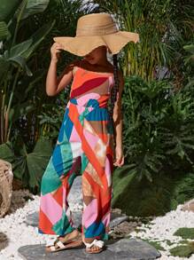 Young Girl Geometric Pattern Spaghetti Strap Casual Holiday Beach Forest Vacation Jumpsuit, Spring/Summer - Multicolor - View 5