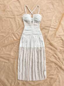 Soleia 女士白色蕾丝钩编交叉后背连衣裙，度假装