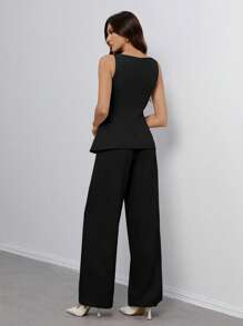 SHEIN Tall Women's Solid Color Round Neck Single-Breasted Vest And Pants Elegant Commuter Suit, Summer Fall Women Clothes Women Set Office Wear Business Casual Women Two Pieces Outfits Fall Women Office Wear Women Set Women Blazers Set,Business Casual Woman - Black - View 2