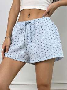 SHEIN EZwear Casual Summer Drawstring Waist Checked Ditsy Floral Shorts - Blue - View 3