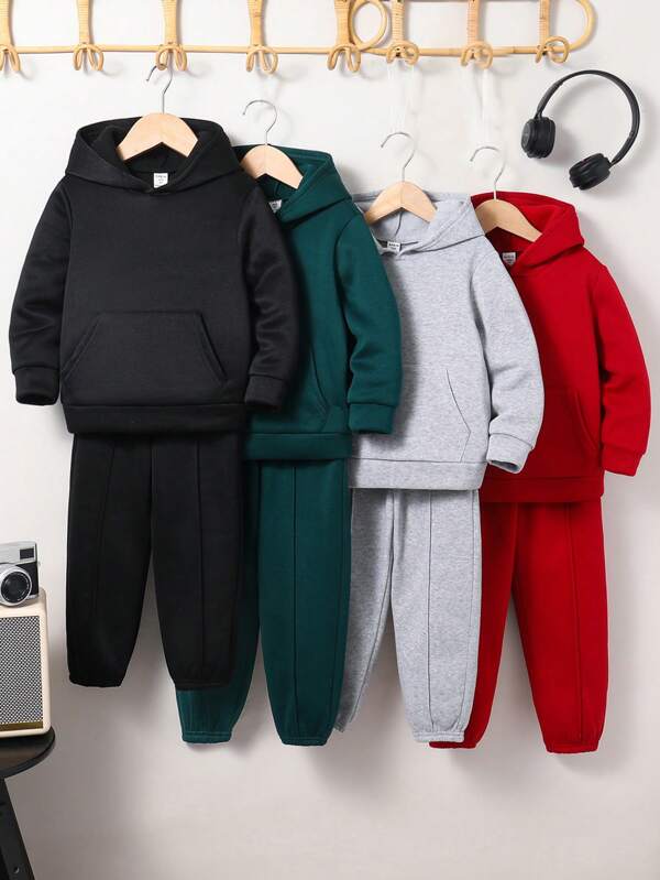 SHEIN 8pcs Young Boy Casual Cute Daily Comfortable & Versatile Red, Green, Black, Grey 4 Colors Loose Hoodie & Pants Set, Suitable For Travel, School, Gatherings, Fleece Thickened, Autumn/Winter