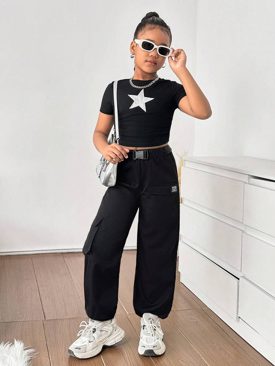 Tween Girl 2pcs Set: Ribbed Star Print Short Sleeve T-Shirt + Woven Cargo Pants With Belt And Pockets, Casual Fashion Street Style, Back To School, Sweet & Cool Girl, Y2K Vibe - Black - View 1