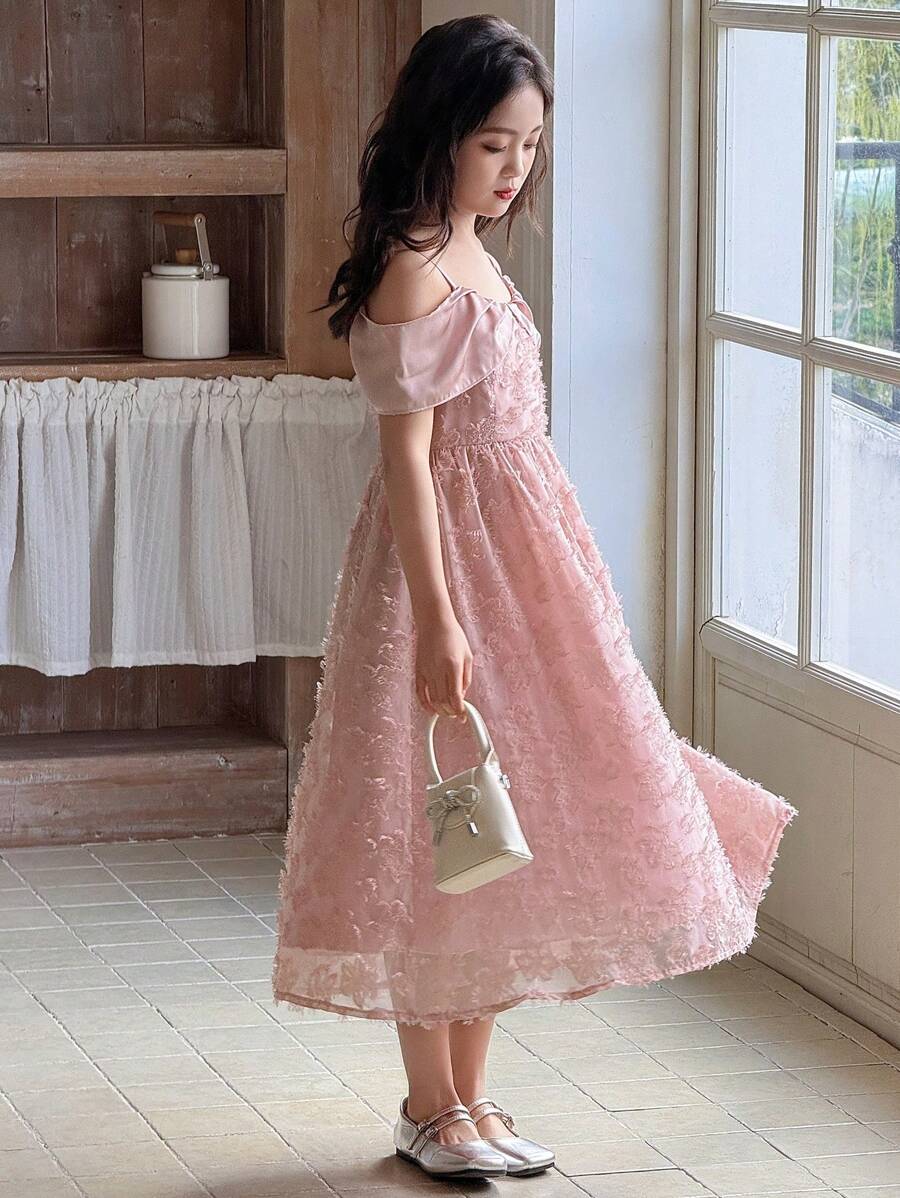 DAZY Tween Girls' Jacquard Off Shoulder Short Sleeve Elegant Dress,Girls Summer Outfits,Back To School Clothes