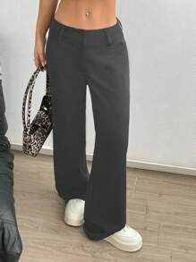 Flirla Pantalones casuales anchos de cintura baja de unicolor para mujeres