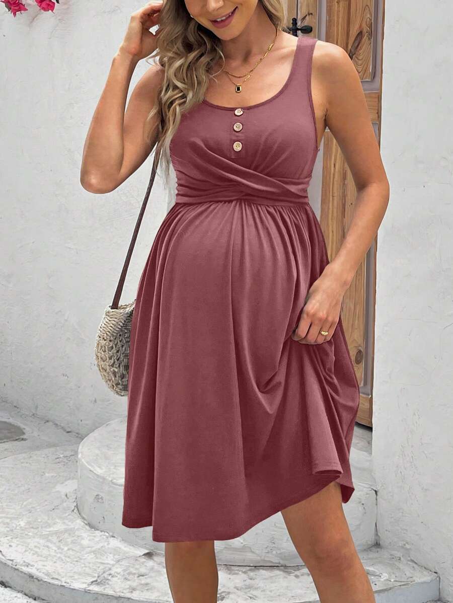SHEIN Vestido Casual Sem Mangas de Cor Sólida para Gestantes, Vestido de Maternidade para Férias - Marsala - Visão 1