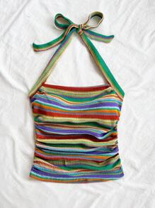 Soleia Top alla cravatta da donna con blocchi di colore a righe, outfit da vacanza aderente, adatto per vacanza, appuntamento, tè pomeridiano, festival musicale, stile bohémien retrò