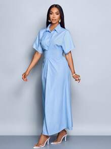 SOLERSUN Elegant Striped Printed Button-Front Batwing Sleeve Maxi Dress (Random Floral Pattern) - Blue - View 5