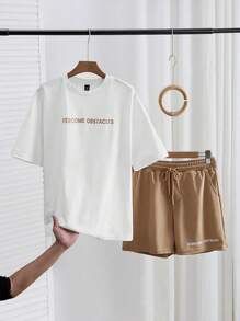 Manfinity VCAY 2pcs/Set Unisex Casual Knitted Letter Print Loose Raglan Short Sleeve T-Shirt And Drawstring Waist Straight Leg Shorts Set, Suitable For Everyday Wear - White - View 1