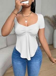 Zolique Foxxy Minimalist Solid Color Casual Square Neck Asymmetric Hem Long Sleeve T-Shirt For Women - White - View 5