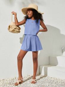 SHEIN NovaGlow Tween Girl Tween Set de pantaloni scurți și top țesuți fără mâneci, casual, de culoare uni - Bleu - Vizualizare 3