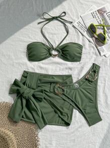 SHEIN Swim 3 Pieces Women Resort Style Spaghetti Strap Swimwear Set With Metal Laced-Up Halter Neck - Army Green - View 5