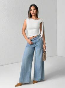 SHEIN PETITE Women's Pleated Slim-Fit Solid Color Crossover Collar Tie Blouse - White - View 6