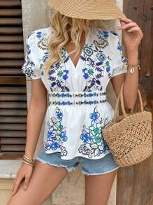 Breezaya 女士花卉印花 V 领泡泡袖休闲度假衬衫 - 彩色 - 查看 3