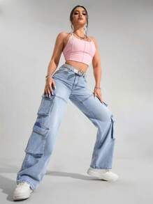SHEIN EZwear Women's Multi-Pocket Wide Leg Loose Casual Jeans