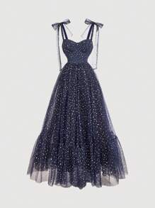 SHEIN MOD Elegant Navy Blue Summer Dining Dress,Black Mesh Rhinestone Lace-Up Bowknot Bohemian Western Easter Vacation Modest Flowy Graduation Vintage Dress - Black - View 1