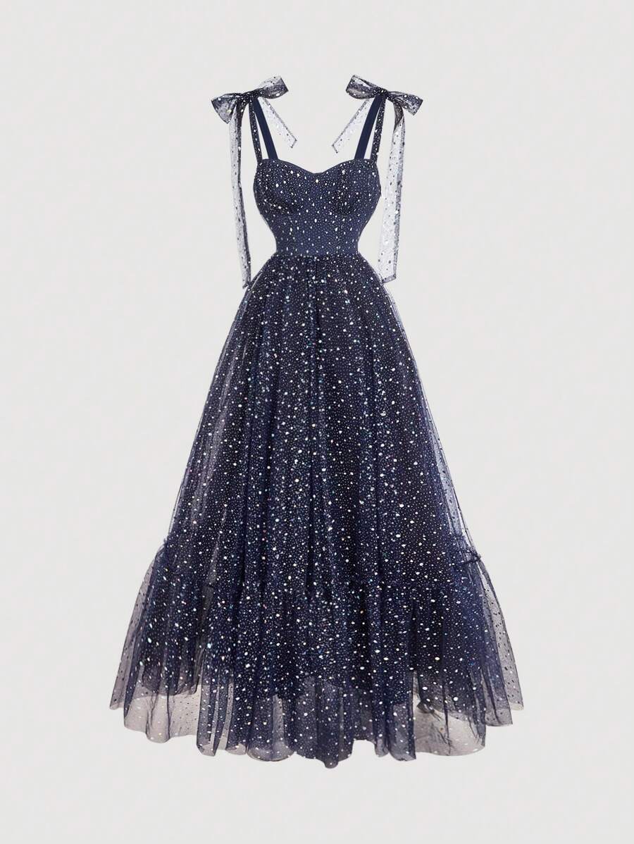 SHEIN MOD Elegant Navy Blue Summer Dining Dress,Black Mesh Rhinestone Lace-Up Bowknot Bohemian Western Easter Vacation Modest Flowy Graduation Vintage Dress - Black - View 1