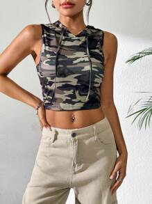SHEIN Unity Atasan Tank Top Crop Berkerudung Motif Kamuflase untuk Wanita, Cocok untuk Musim Panas - MultiWarna - View 6