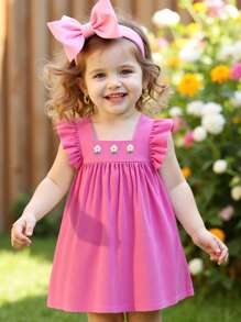 1 Stück Baby Mädchen Kleid mit Puffärmeln, quadratischem Ausschnitt, bestickter Taille, modisch, lässig, Alltagskleidung, weich und bequem, süßes Blumenmuster, neuer Sommerstil - Heißes Pink - Übersicht 9