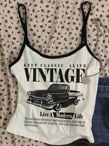 Sparklyn Teenagers' Casual Snug Fit Black & White Patchwork Tank Top With Retro Car Graphic And Contrast Trim Summer Holiday