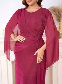 SHEIN Clasi Plus Size Women Solid Color Round Neck Split Sleeve Waist Twist Elegant Dress - Red Violet - View 6