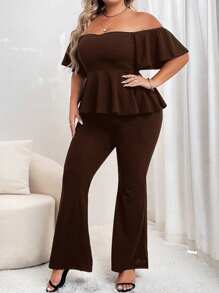 SHEIN Privé 大码纯色露肩荷叶边短袖上衣和长裤 2 件套 - 棕色 - 查看 3