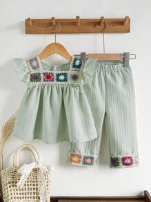 SHEIN Baby Mädchen 0-3 Jahre Lässige Resort Relaxed Textur handgefertigte bunte Dopamin Sonnenblumen Kragen locker geschnittene Puffärmel Top Hemd und weite locker sitzende Hose 2-teiliges Set, Apricot/Beige - Grün - Übersicht 2