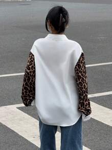 Siren Gaze 女士豹纹拼布长袖休闲衬衫，复古简约女士衬衫，街头风格豹纹衬衫 - 彩色 - 查看 2