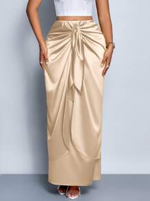 SOLERSUN Women's Elegant Simple Romantic Tie Front Satin Maxi Skirt,Versatile For Date, Commuting, Office