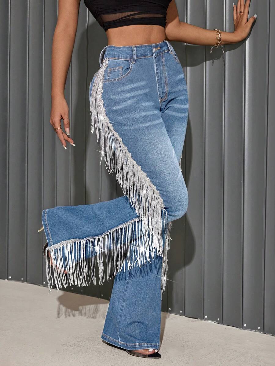 Quần Jeans Ống Loe Tua Rua Cho Nữ Đi Tiệc & Đi Chơi - Rửa trung bình - Xem 1