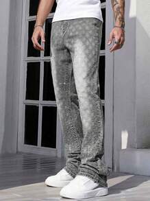 ROMWE MEN Street Life Men's Rhinestone Embellished Straight Cut Casual Versatile Jeans - Grey - View 3